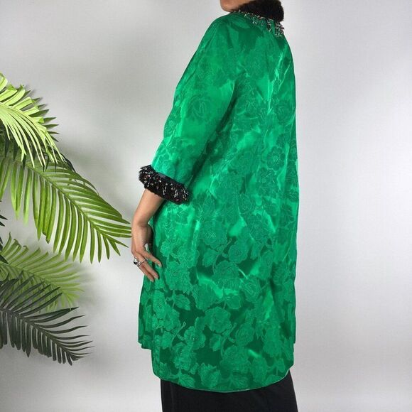 Women's Vintage 50's Emerald Floral Classy Beaded Fux Fur Satin Long Coat / S/M - Picture 2 of 5
